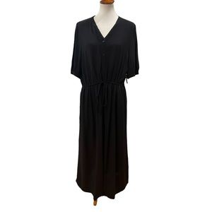 New cotton short sleeve elastic waist fabric belt swing skirt black dress